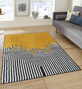 Luxury mustard wool rug featuring bold paint-drip pattern and black white lines.